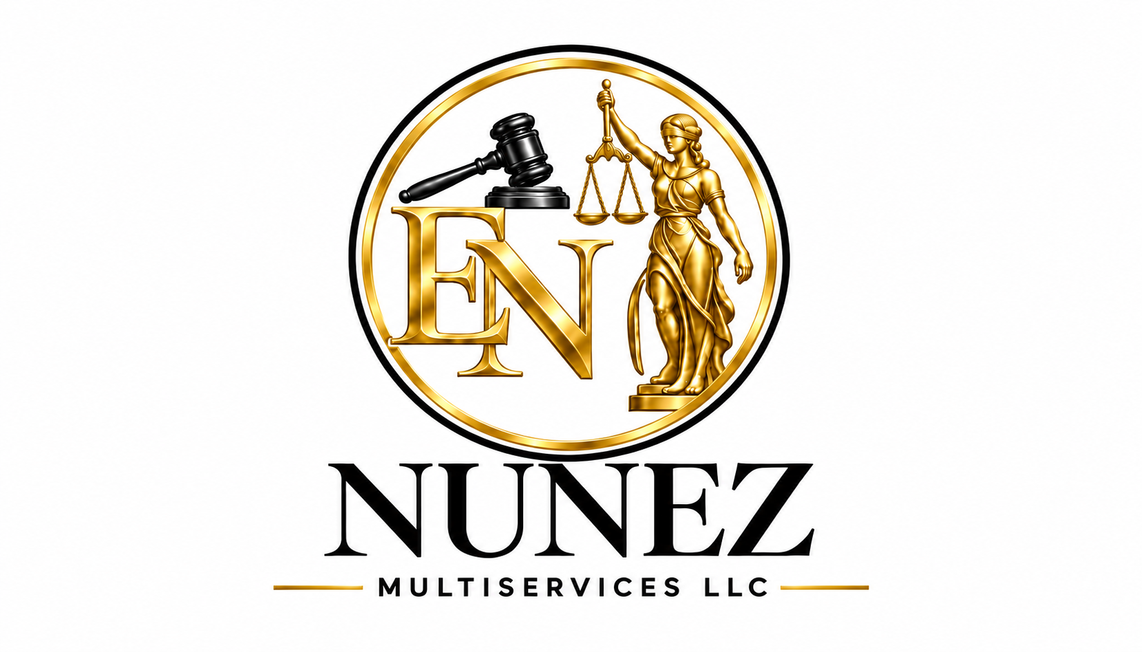 Logo de Nunez Multiservices LLC: iniciales EN doradas, mazo negro y Temis dorada dentro de un aro dorado pulido.